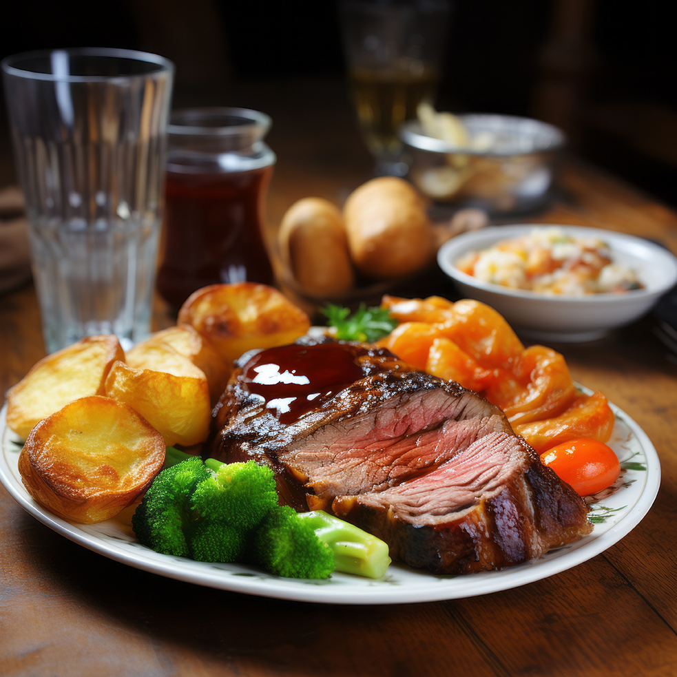 sunday roast english dinner, medium rare, vegtables